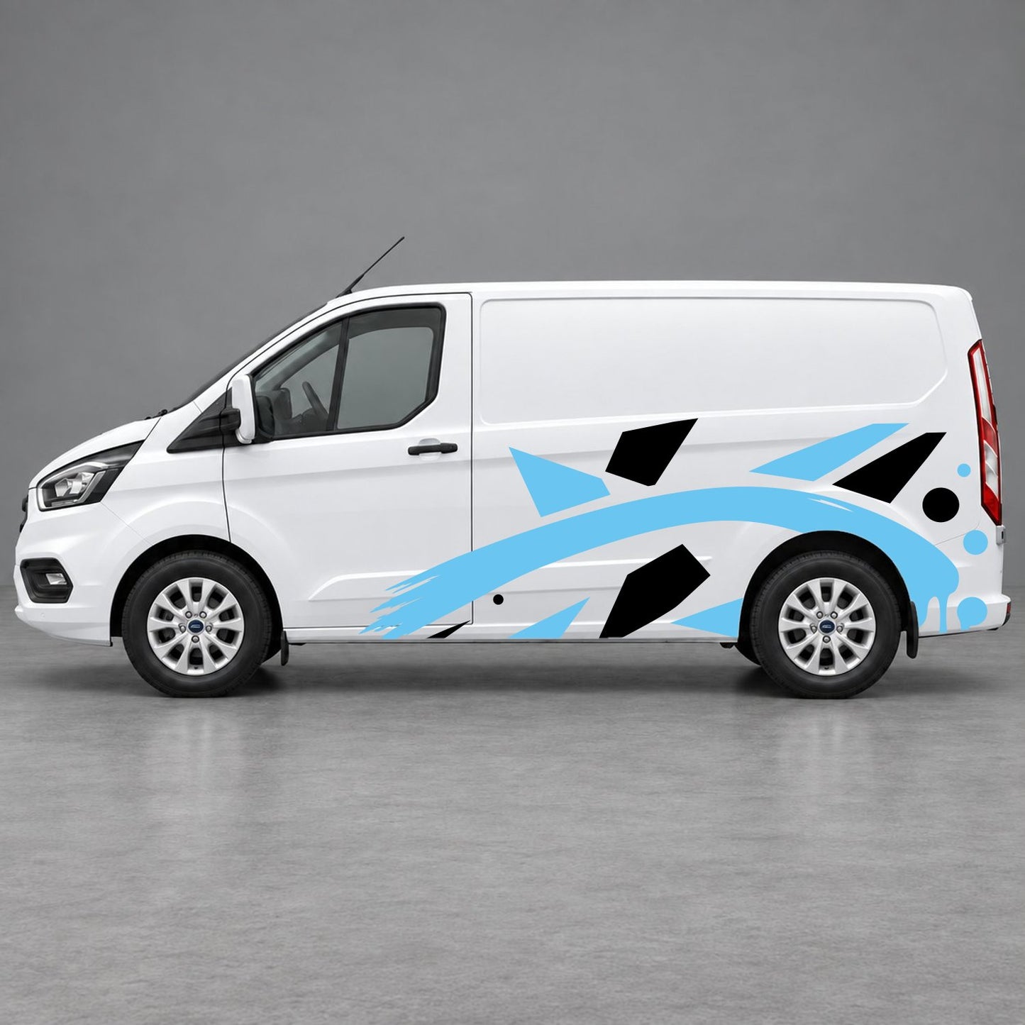 Ford Transit Custom Abstract Geometric Splash Side Graphics in Black & Light Blue