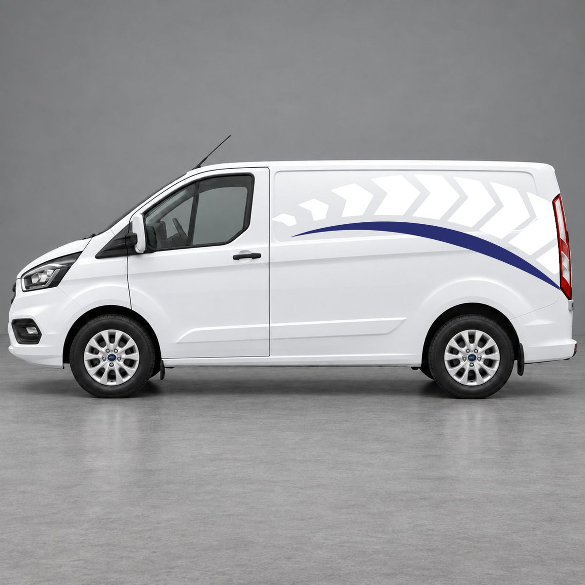 Ford Transit Custom Chevron Track Side Graphics in White & Navy Blue