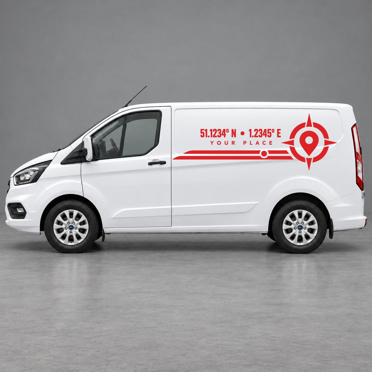 Ford Transit Custom Personalised Coordinates & Compass Side Graphics in Red