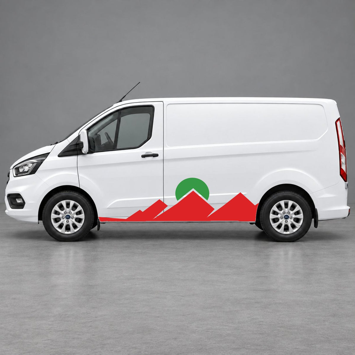 Ford Transit Custom Minimal Mountain Peak Side Graphics in Red & Green