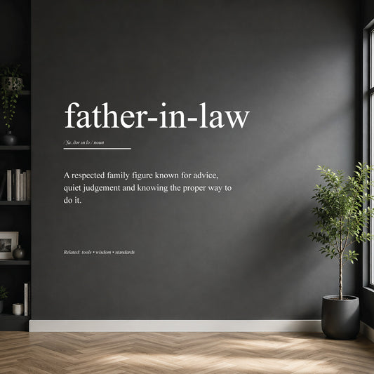 White father-in-law dictionary definition wall sticker on a dark modern wall.