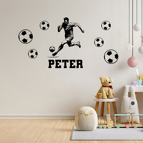 Custom Football Wall Decal ‚Äì Footballer Kicking with Name & Balls