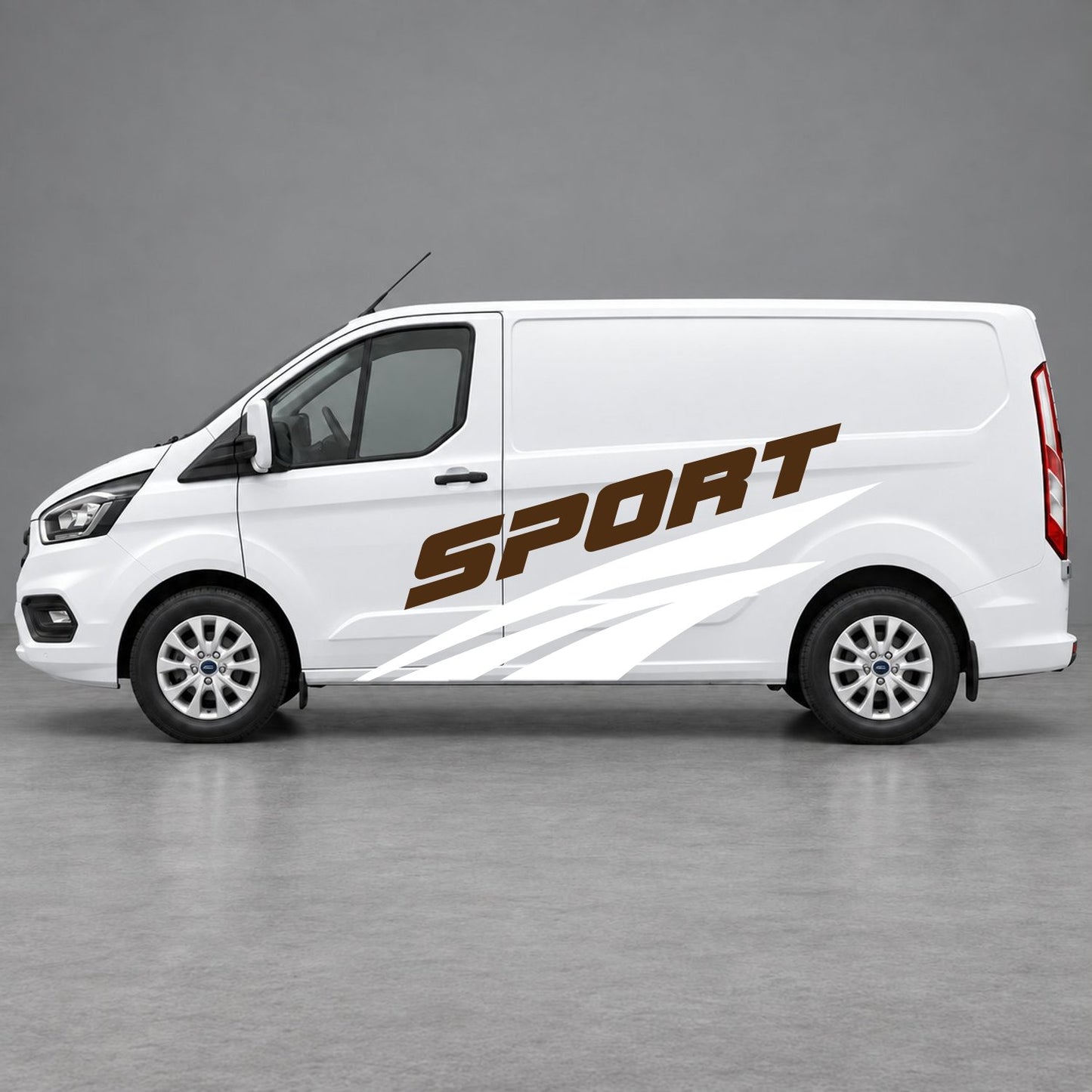 Ford Transit Custom Sport Twin Stripe Side Graphics in White & Brown