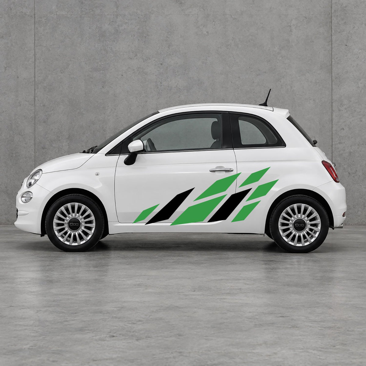 Fiat 500 Racing Flag Side Graphics Kit - Pair Supplied in Green & Black