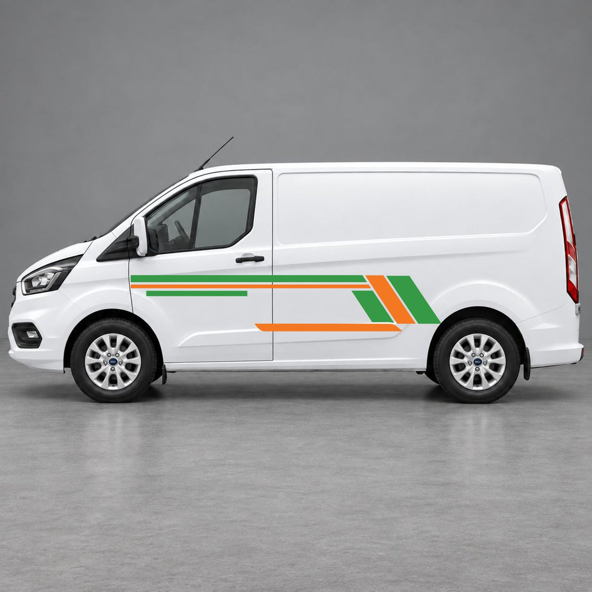 Ford Transit Custom Geometric Outline Side Stripes in Green & Orange