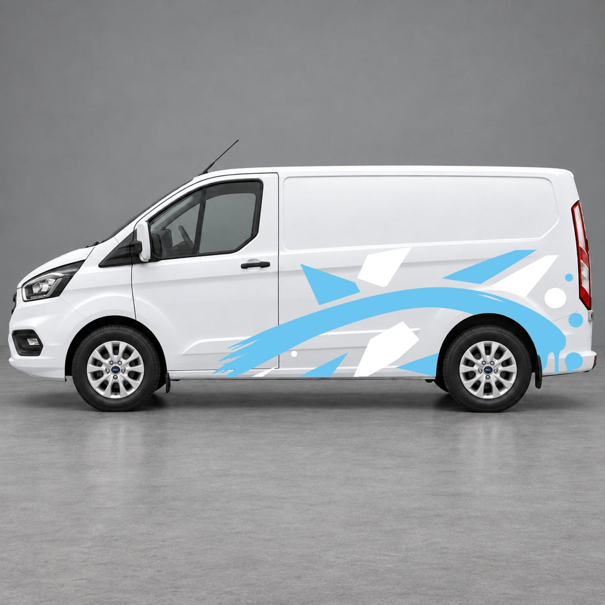 Ford Transit Custom Abstract Geometric Splash Side Graphics in White & Light Blue