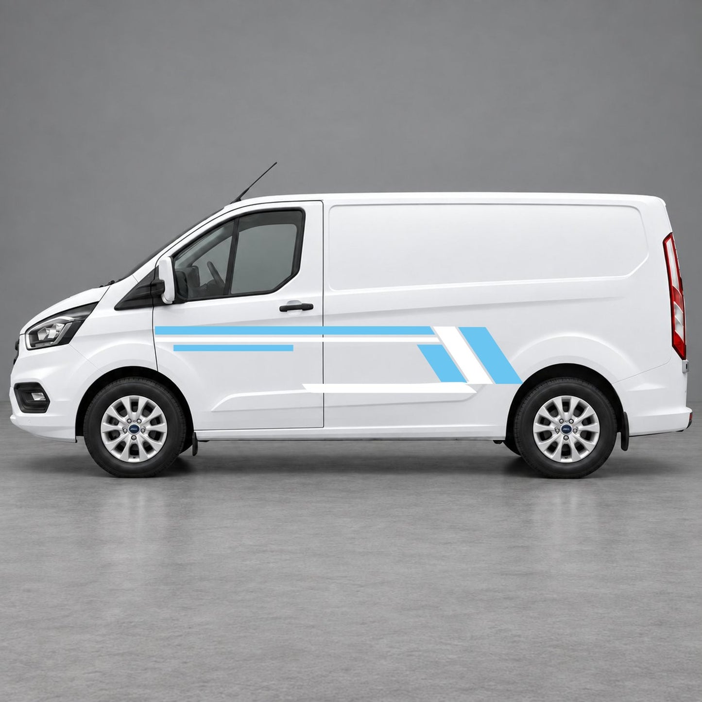 Ford Transit Custom Geometric Outline Side Stripes in Light Blue & White