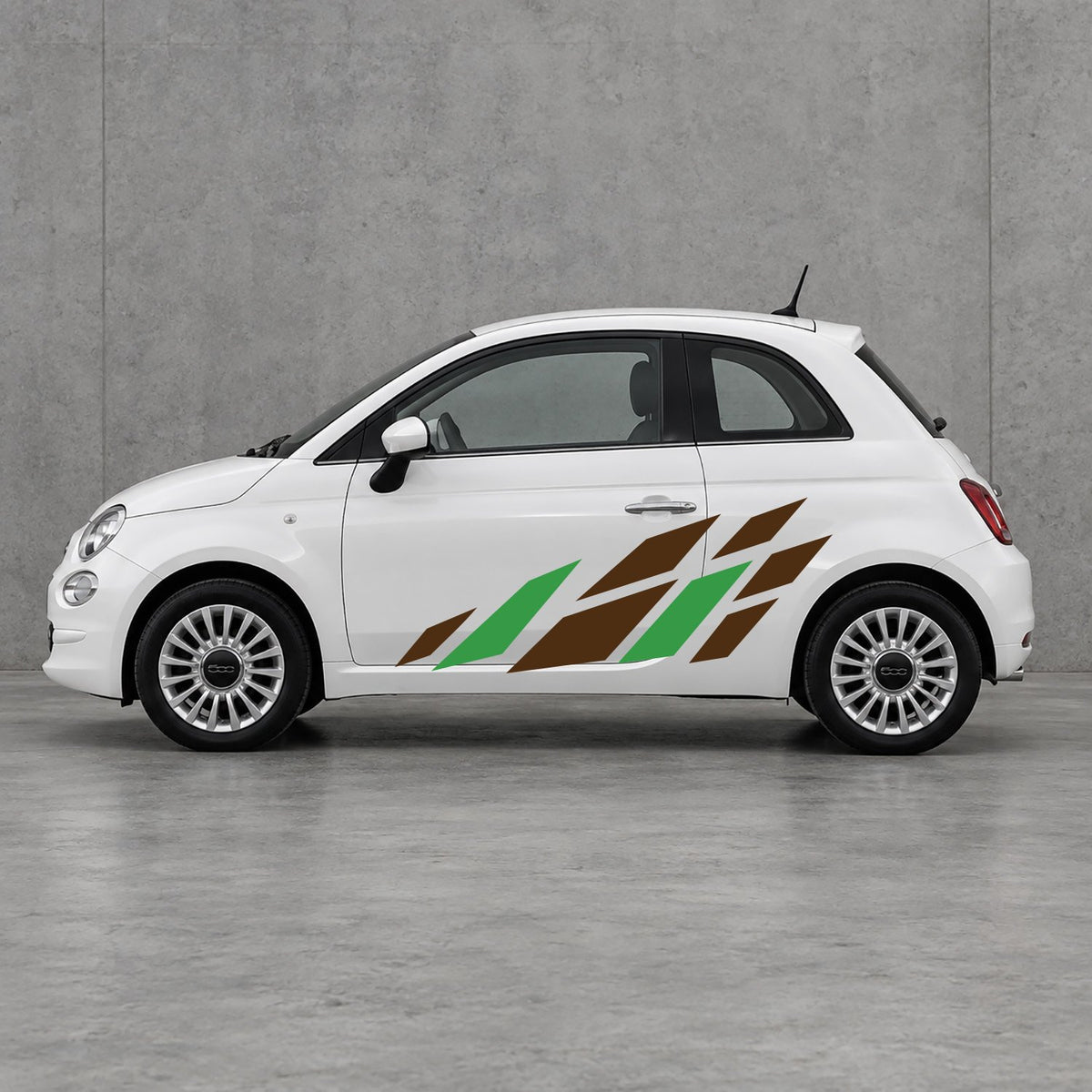 Fiat 500 Racing Flag Side Graphics Kit - Pair Supplied in Brown & Green