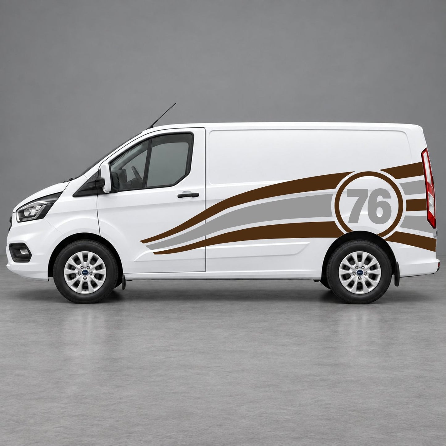 Ford Transit Custom Personalised Number 76 Racing Side Graphics in Brown & Grey