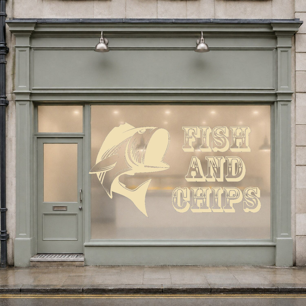 Fish and chips window sticker with stylised fish and vintage lettering – Beige