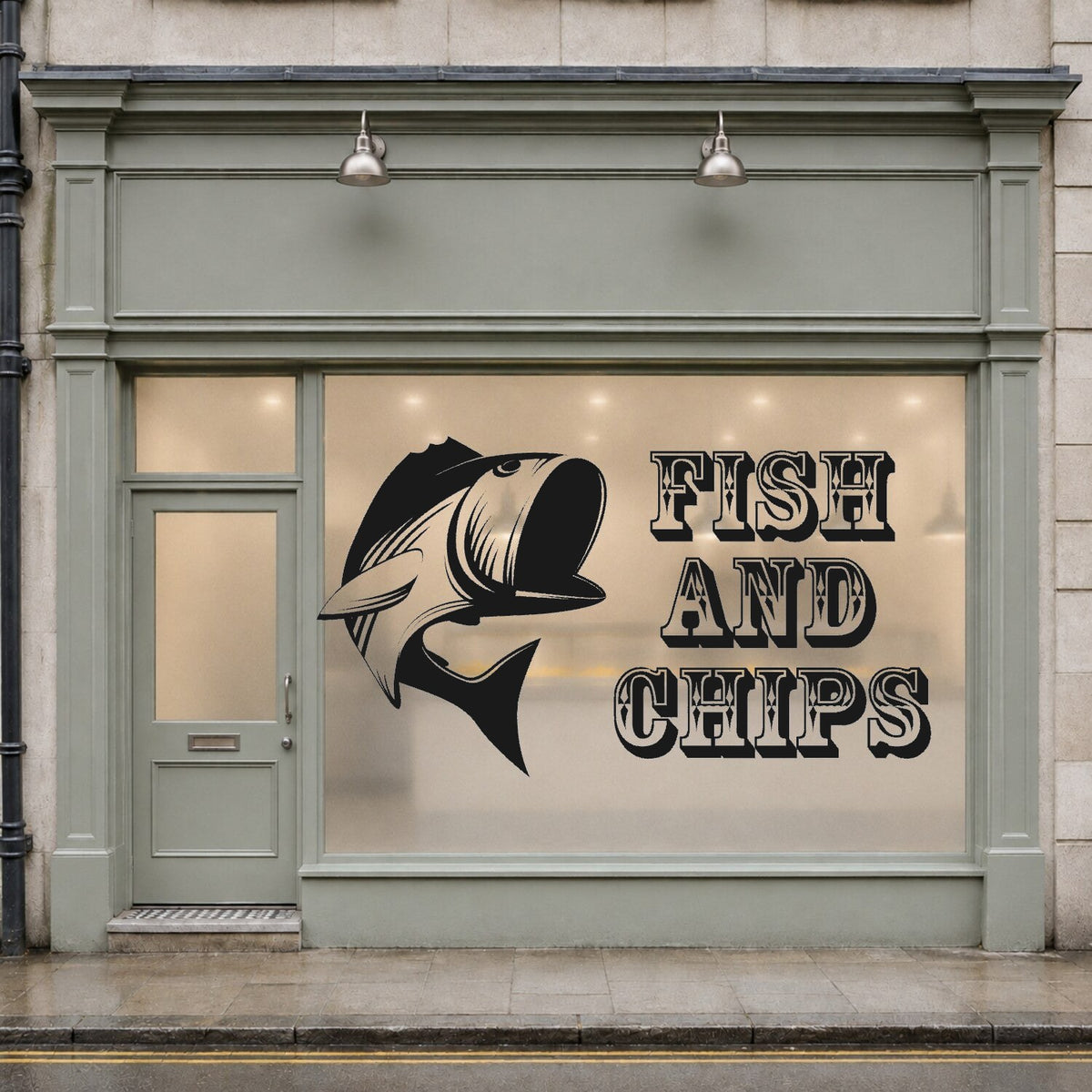 Fish and chips window sticker with stylised fish and vintage lettering – Black