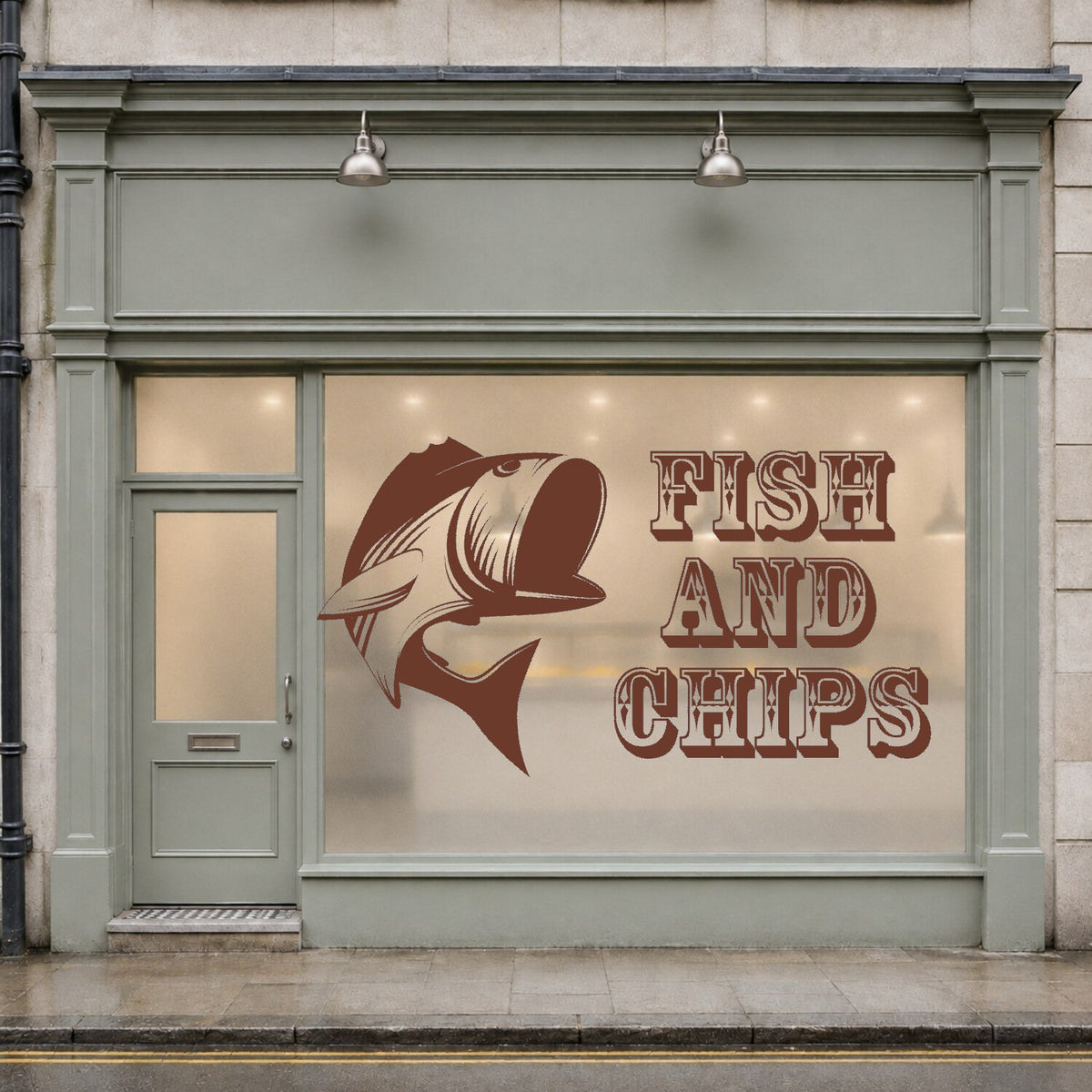 Fish and chips window sticker with stylised fish and vintage lettering – Brown