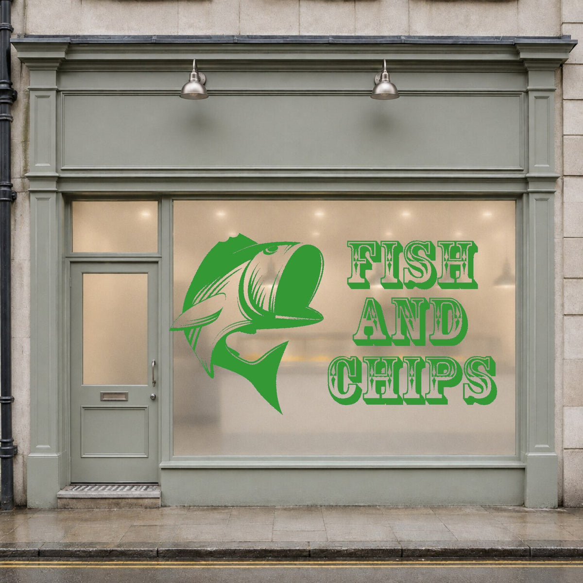 Fish and chips window sticker with stylised fish and vintage lettering – Green