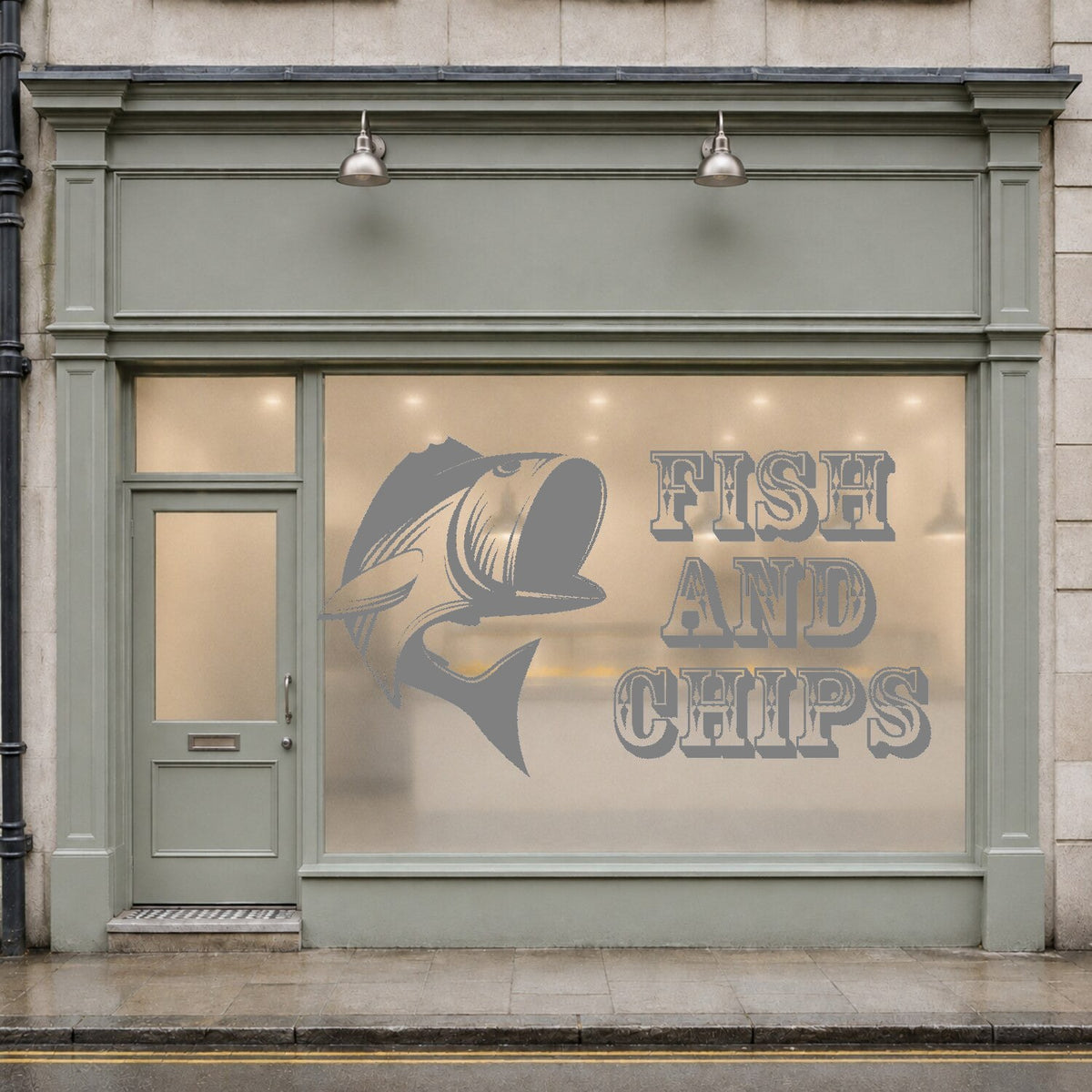 Fish and chips window sticker with stylised fish and vintage lettering – Grey