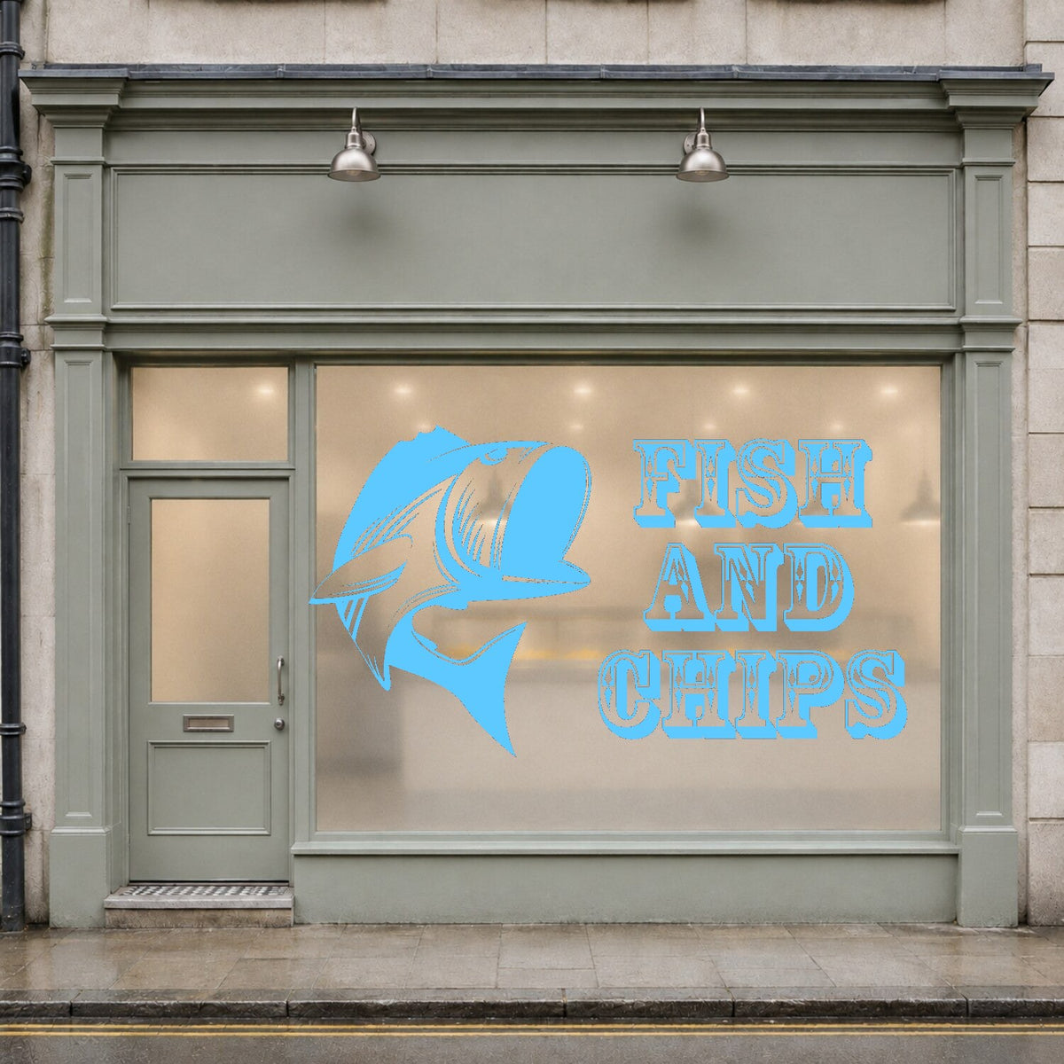 Fish and chips window sticker with stylised fish and vintage lettering – Light Blue
