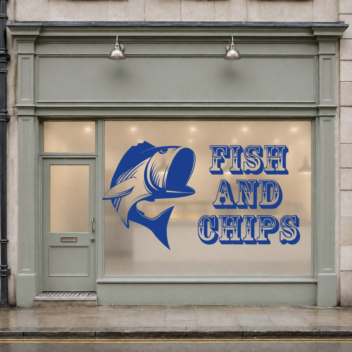 Fish and chips window sticker with stylised fish and vintage lettering – Navy Blue