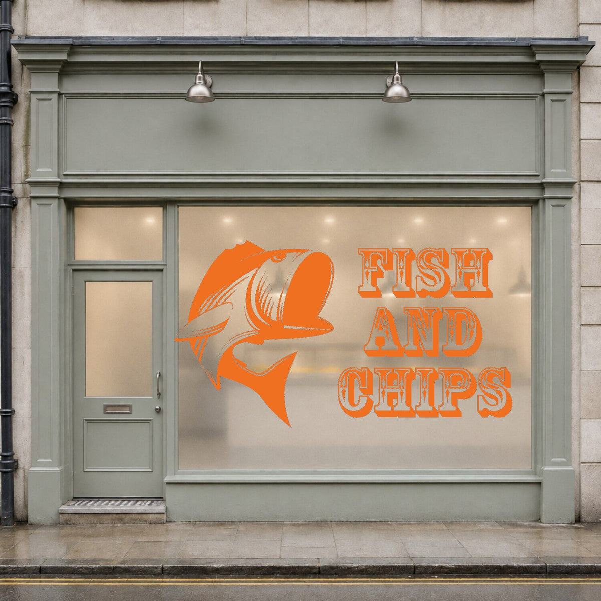 Fish and chips window sticker with stylised fish and vintage lettering – Orange