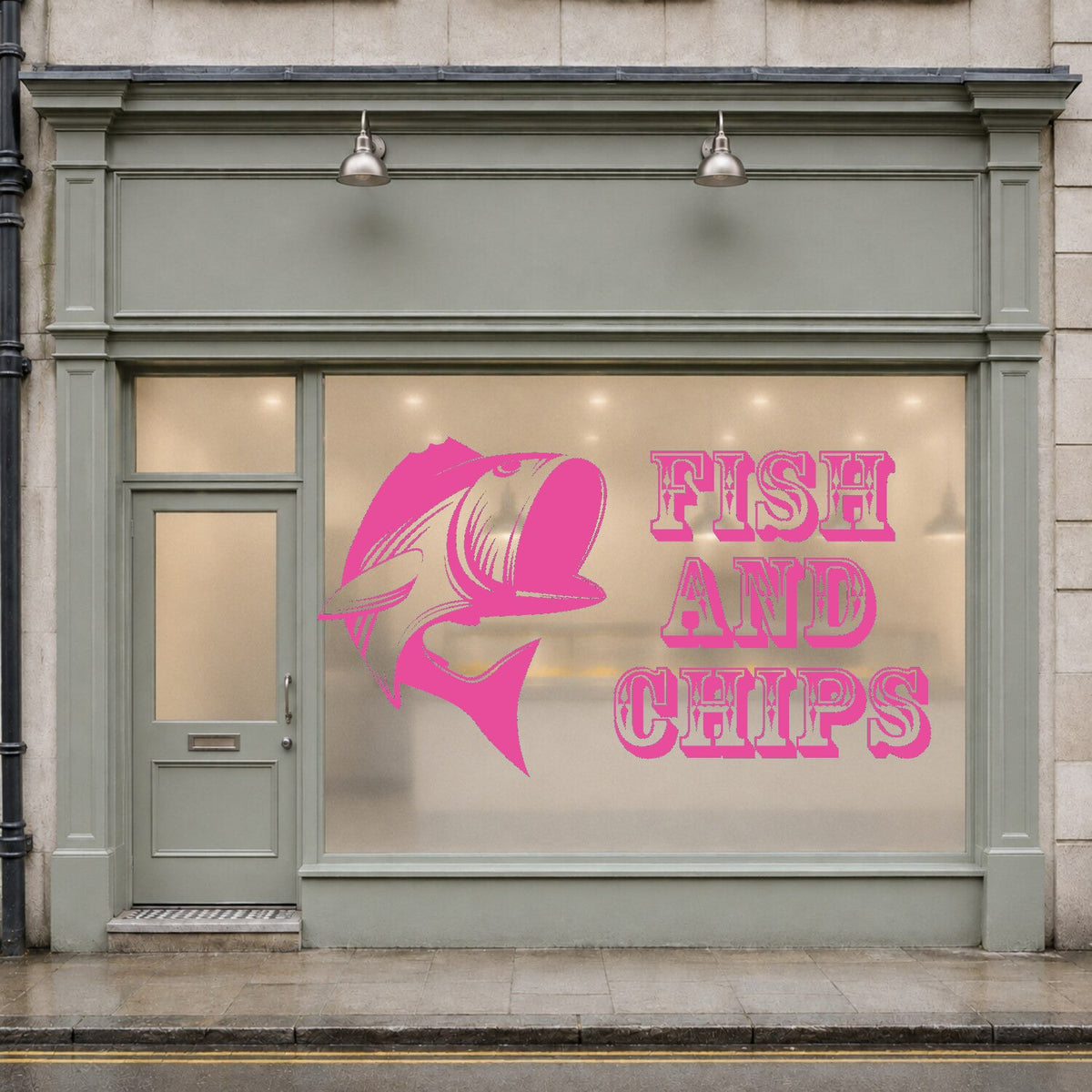 Fish and chips window sticker with stylised fish and vintage lettering – Pink