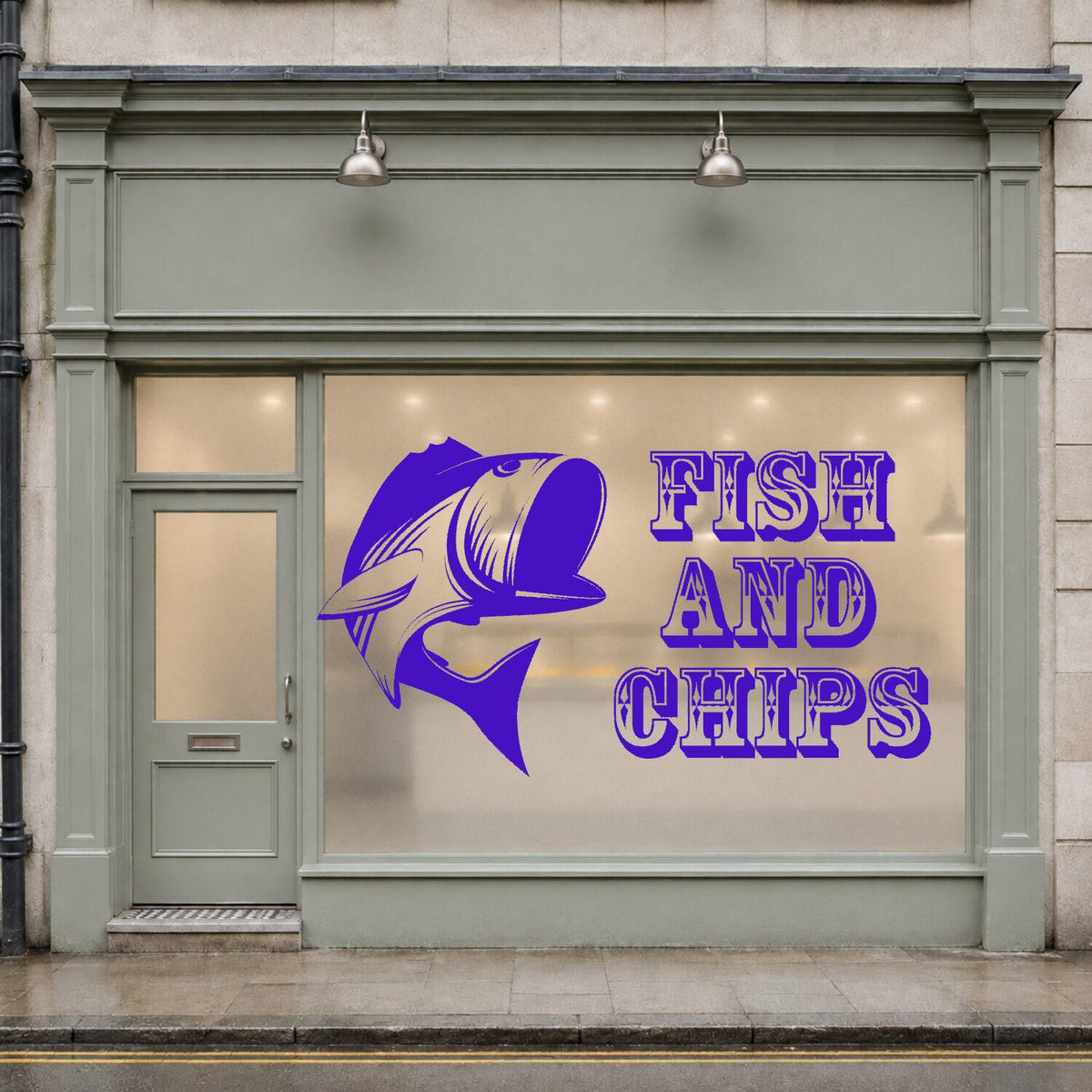 Fish and chips window sticker with stylised fish and vintage lettering – Purple