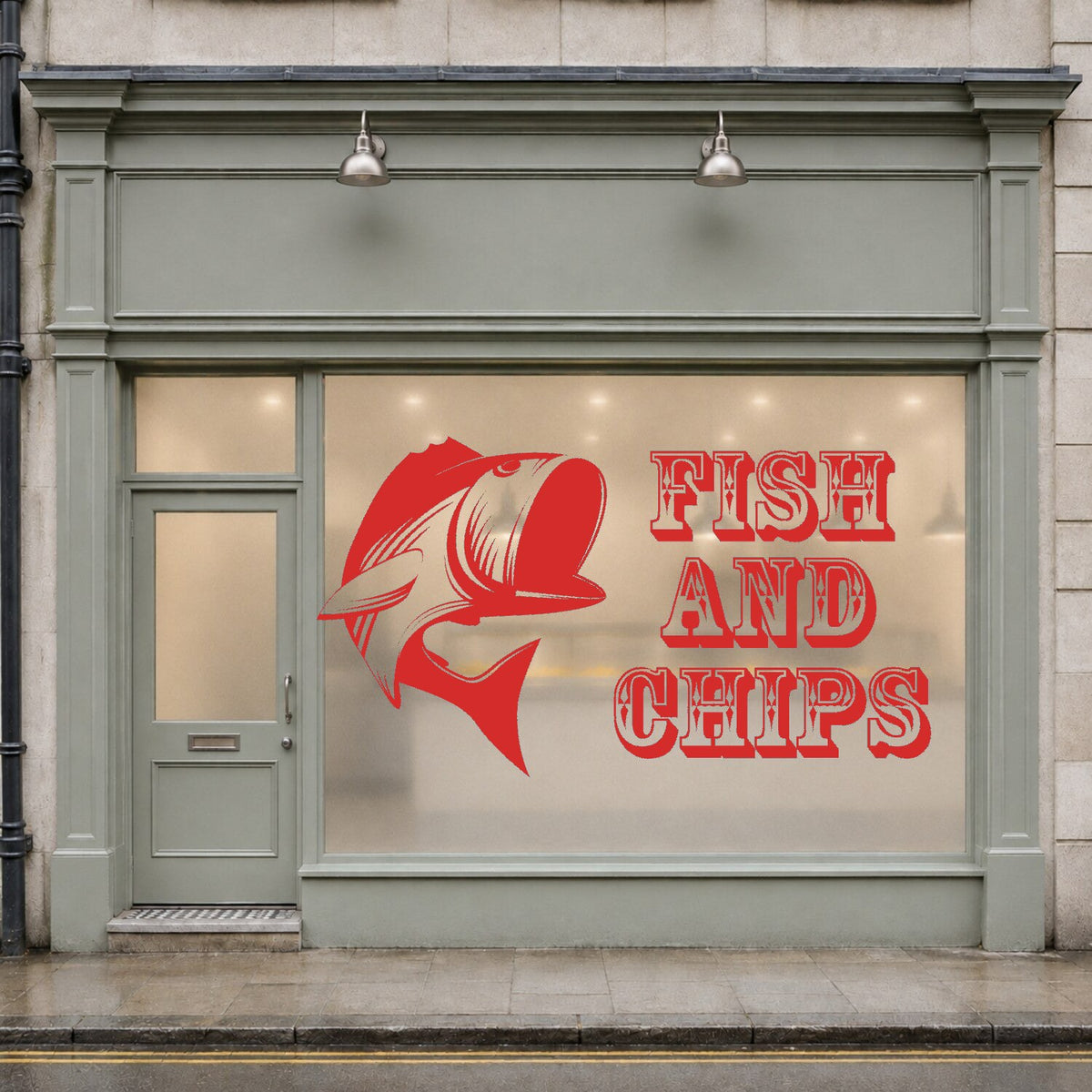 Fish and chips window sticker with stylised fish and vintage lettering – Red