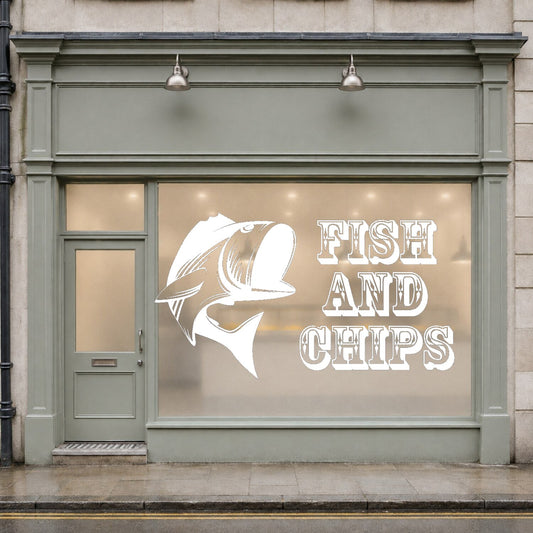 Fish and chips window sticker with stylised fish and vintage lettering – White