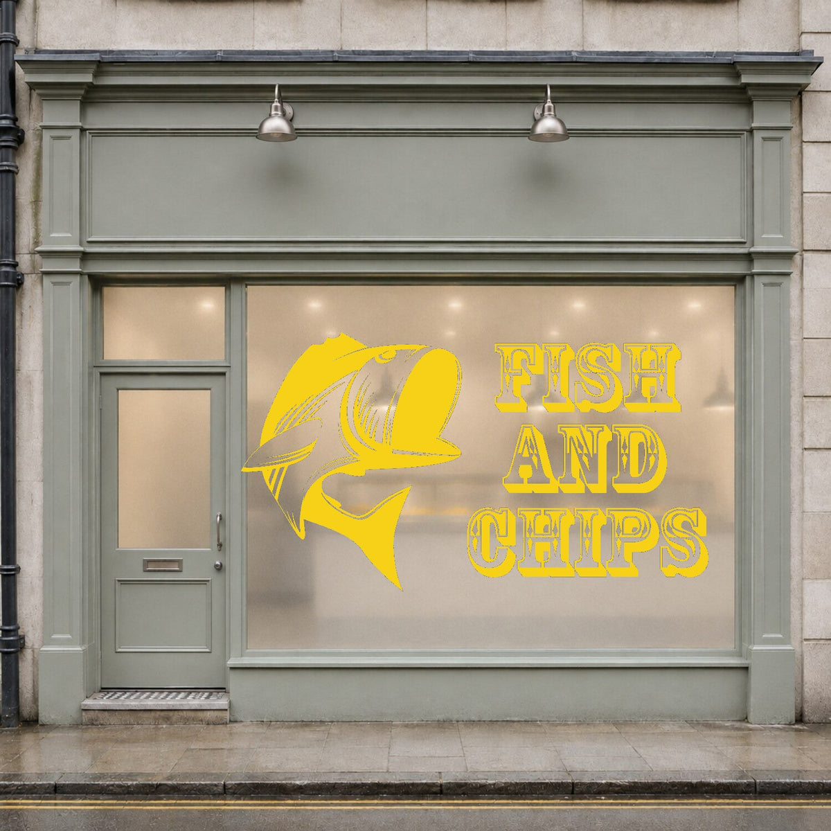 Fish and chips window sticker with stylised fish and vintage lettering – Yellow
