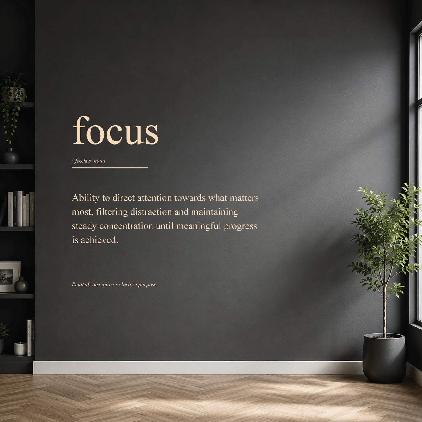 White focus definition wall sticker on a dark modern wall.