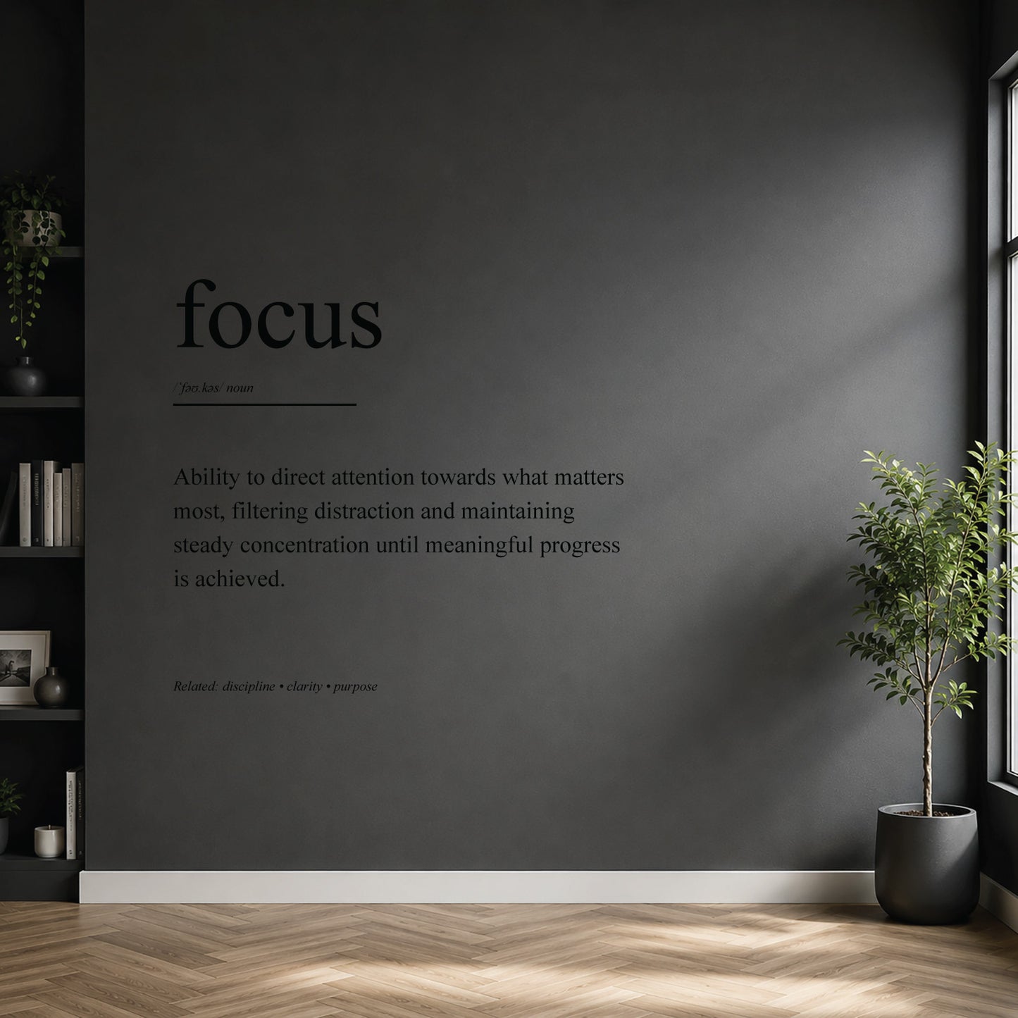 White focus definition wall sticker on a dark modern wall.