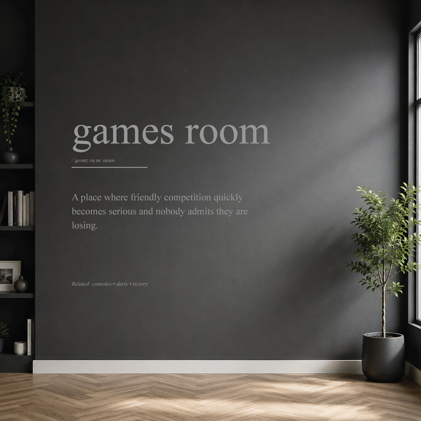 White games room definition wall sticker on a dark modern wall.