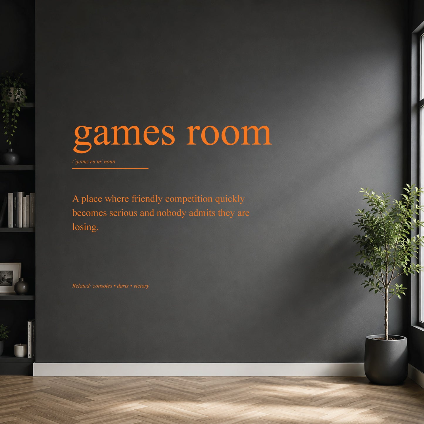 White games room definition wall sticker on a dark modern wall.