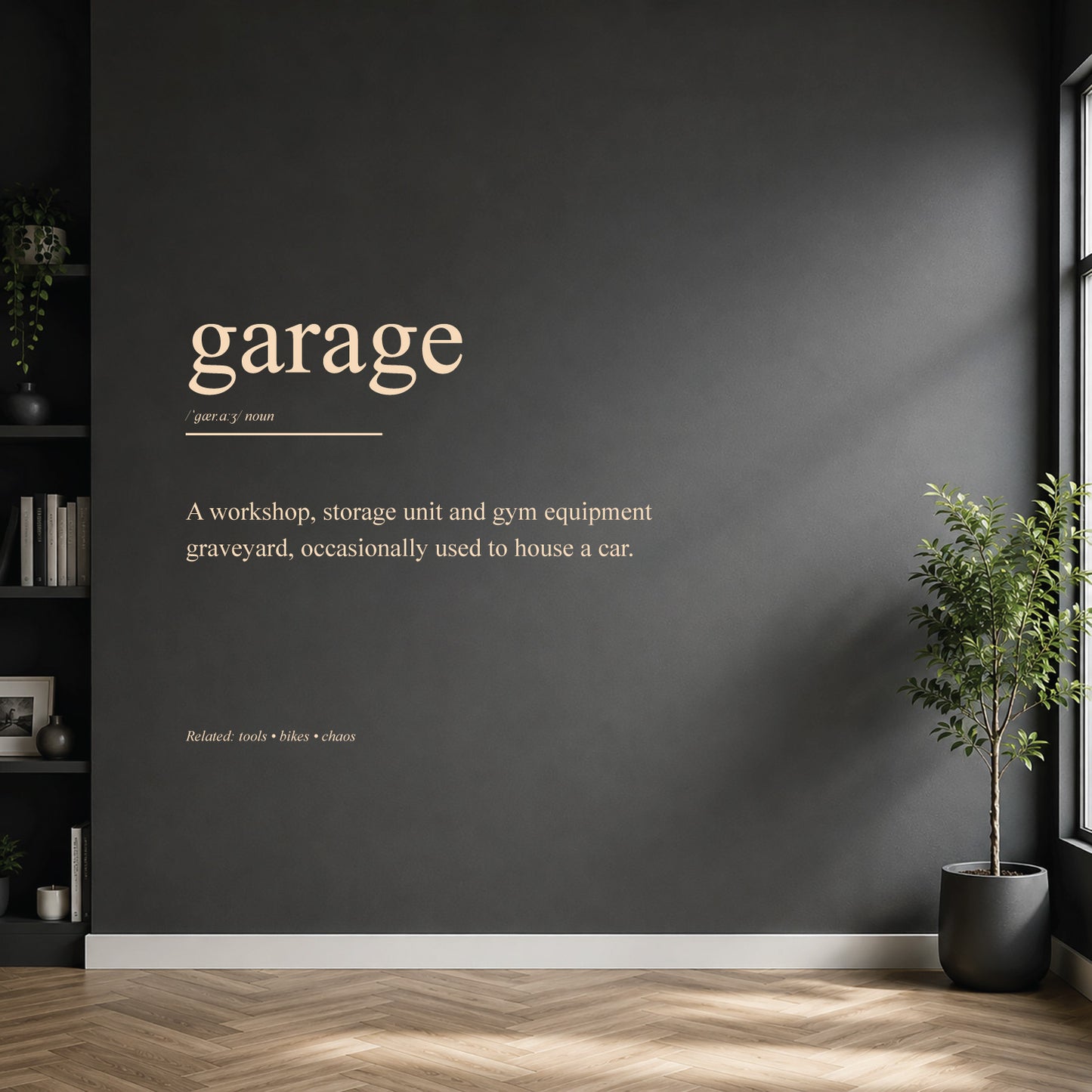 White garage definition wall sticker on a dark modern wall.