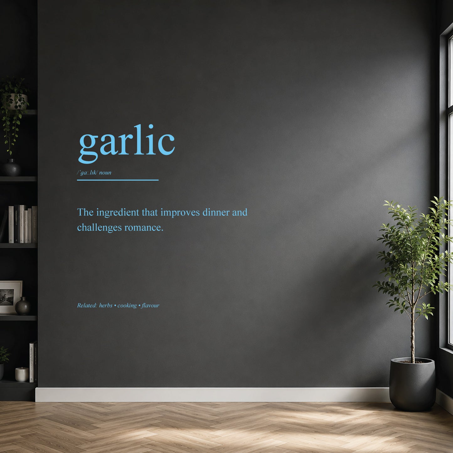 White garlic dictionary definition wall sticker on a modern kitchen wall.