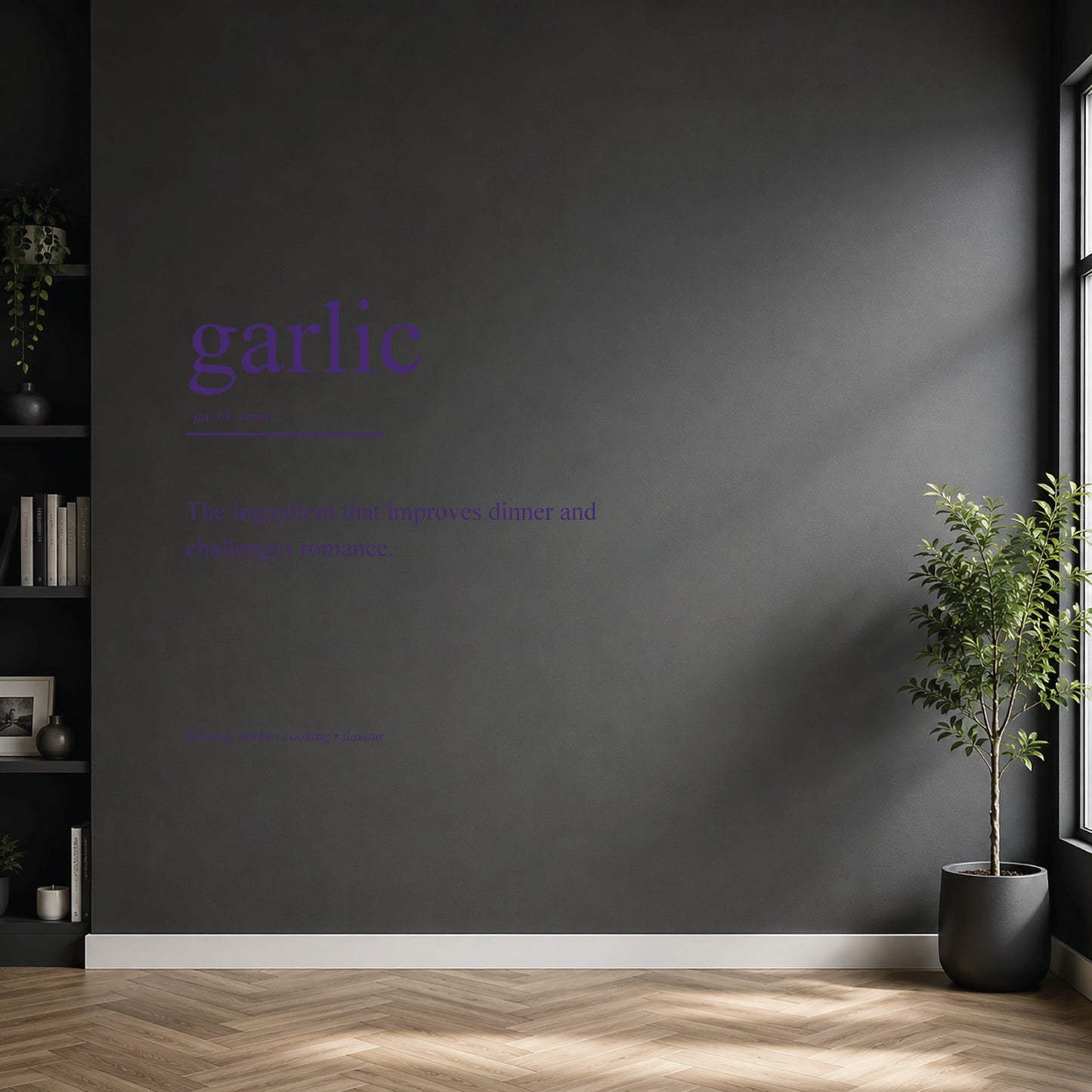 White garlic dictionary definition wall sticker on a modern kitchen wall.