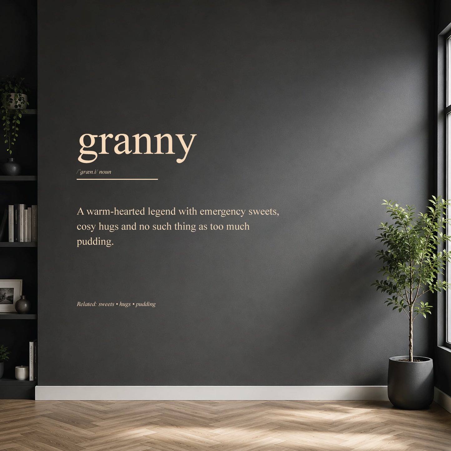 White granny dictionary definition wall sticker on a dark modern wall.