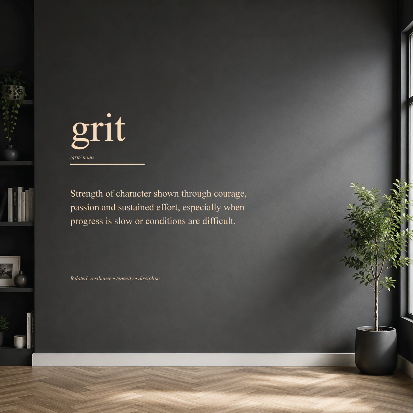 White grit definition wall sticker on a dark modern wall.