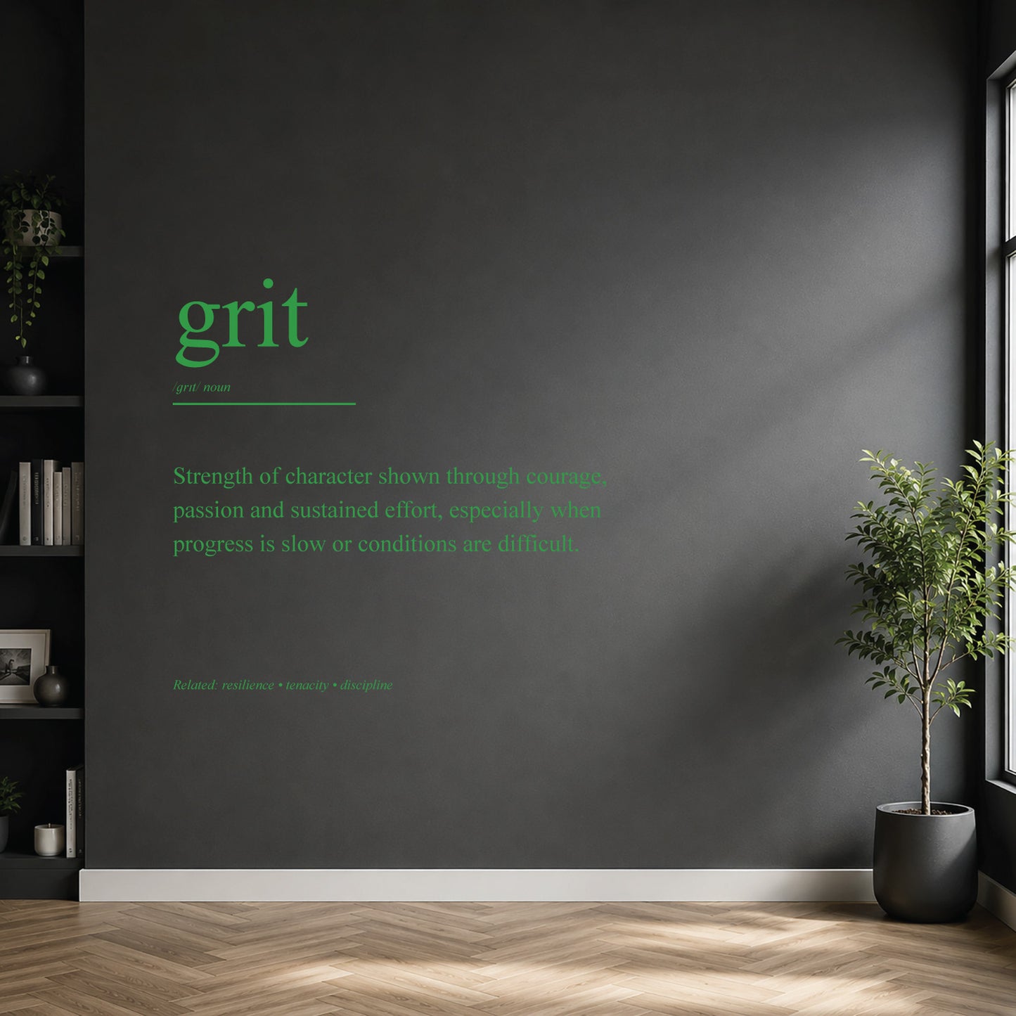 White grit definition wall sticker on a dark modern wall.