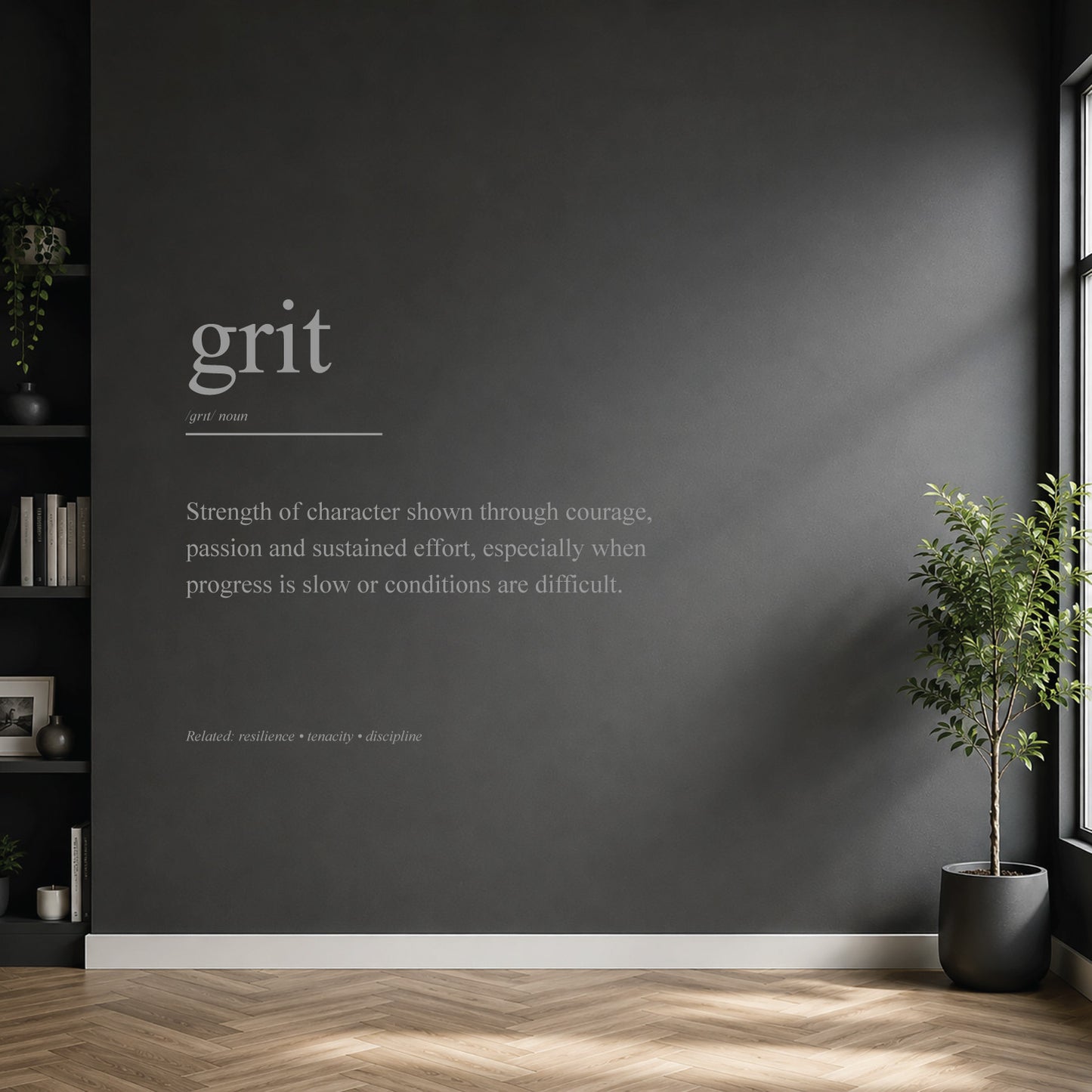 White grit definition wall sticker on a dark modern wall.