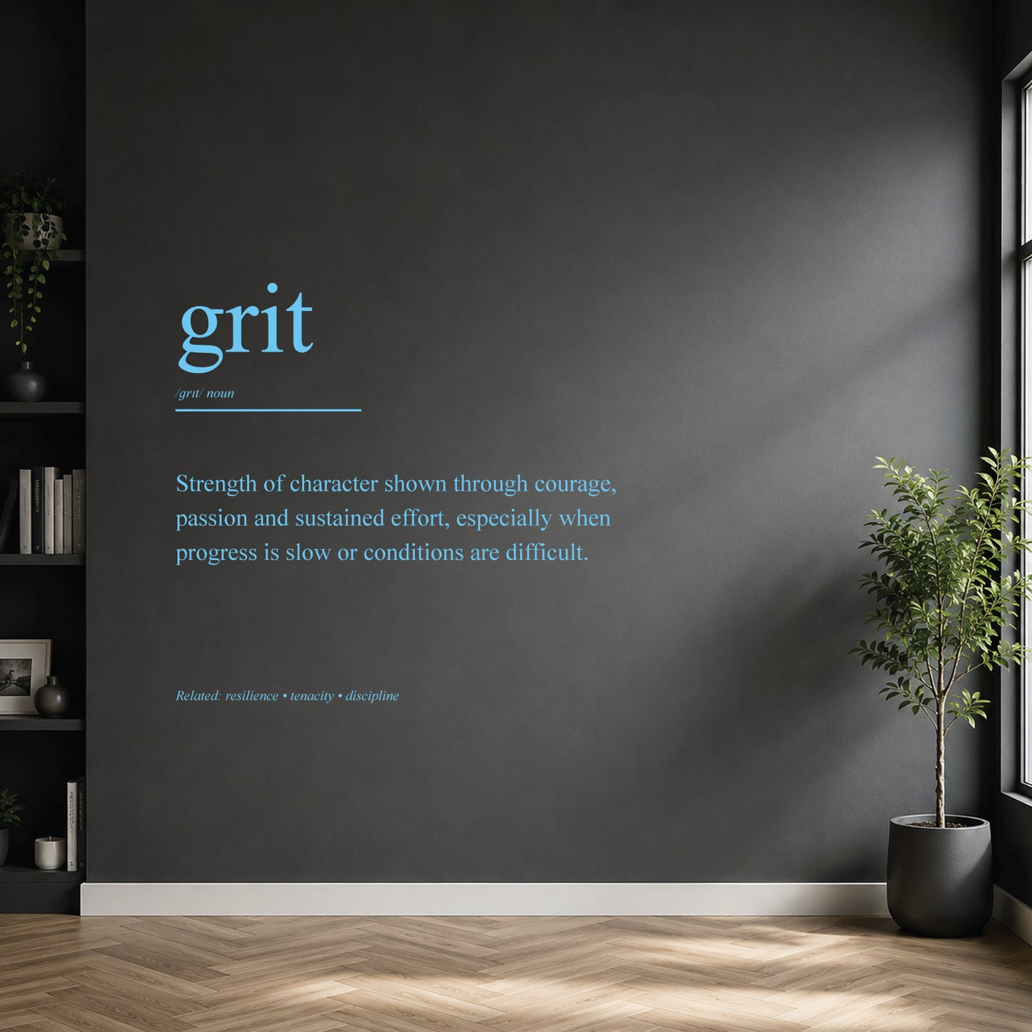 White grit definition wall sticker on a dark modern wall.