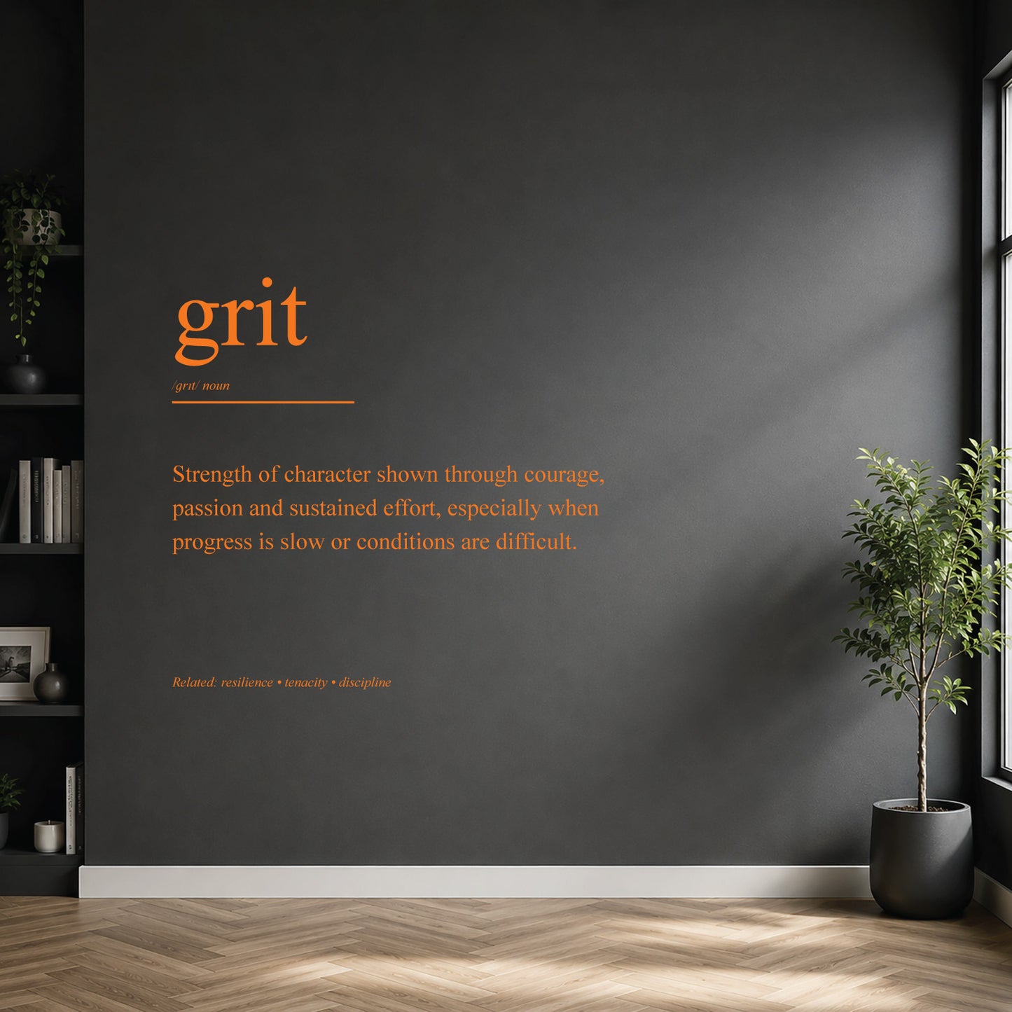 White grit definition wall sticker on a dark modern wall.