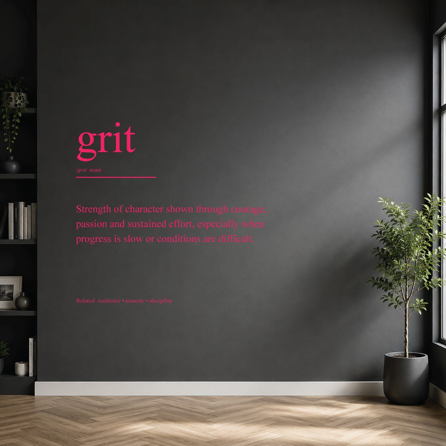 White grit definition wall sticker on a dark modern wall.