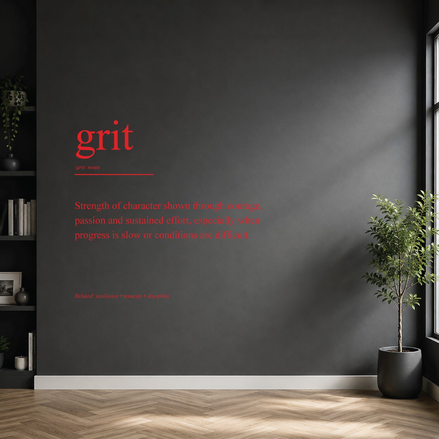 White grit definition wall sticker on a dark modern wall.