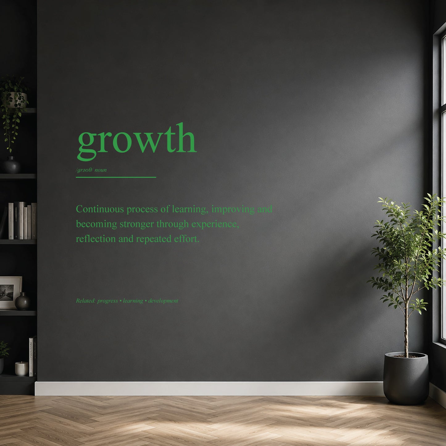 White growth definition wall sticker on a dark modern wall.