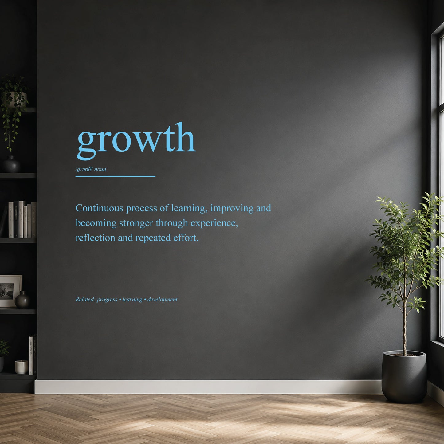 White growth definition wall sticker on a dark modern wall.