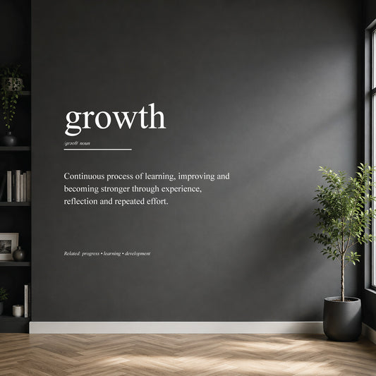 White growth definition wall sticker on a dark modern wall.