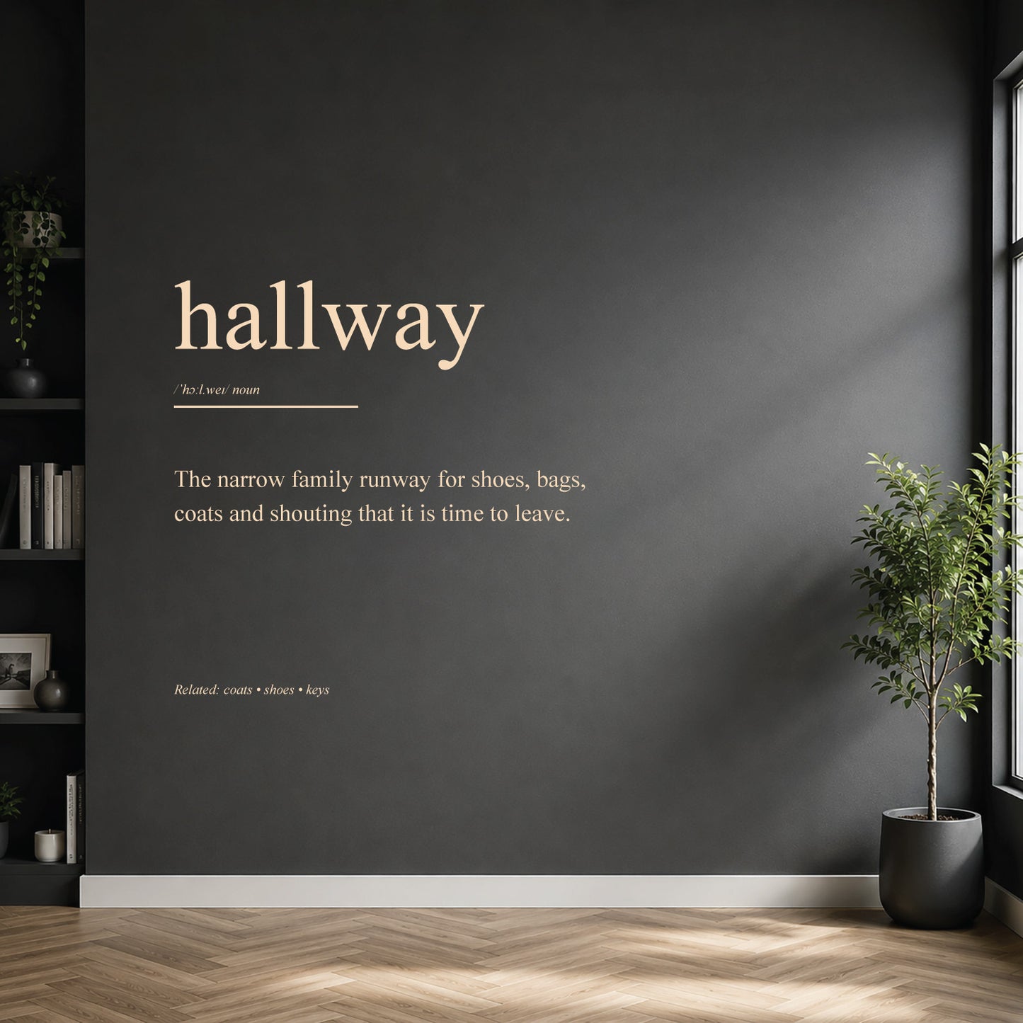 White hallway definition wall sticker on a dark modern wall.