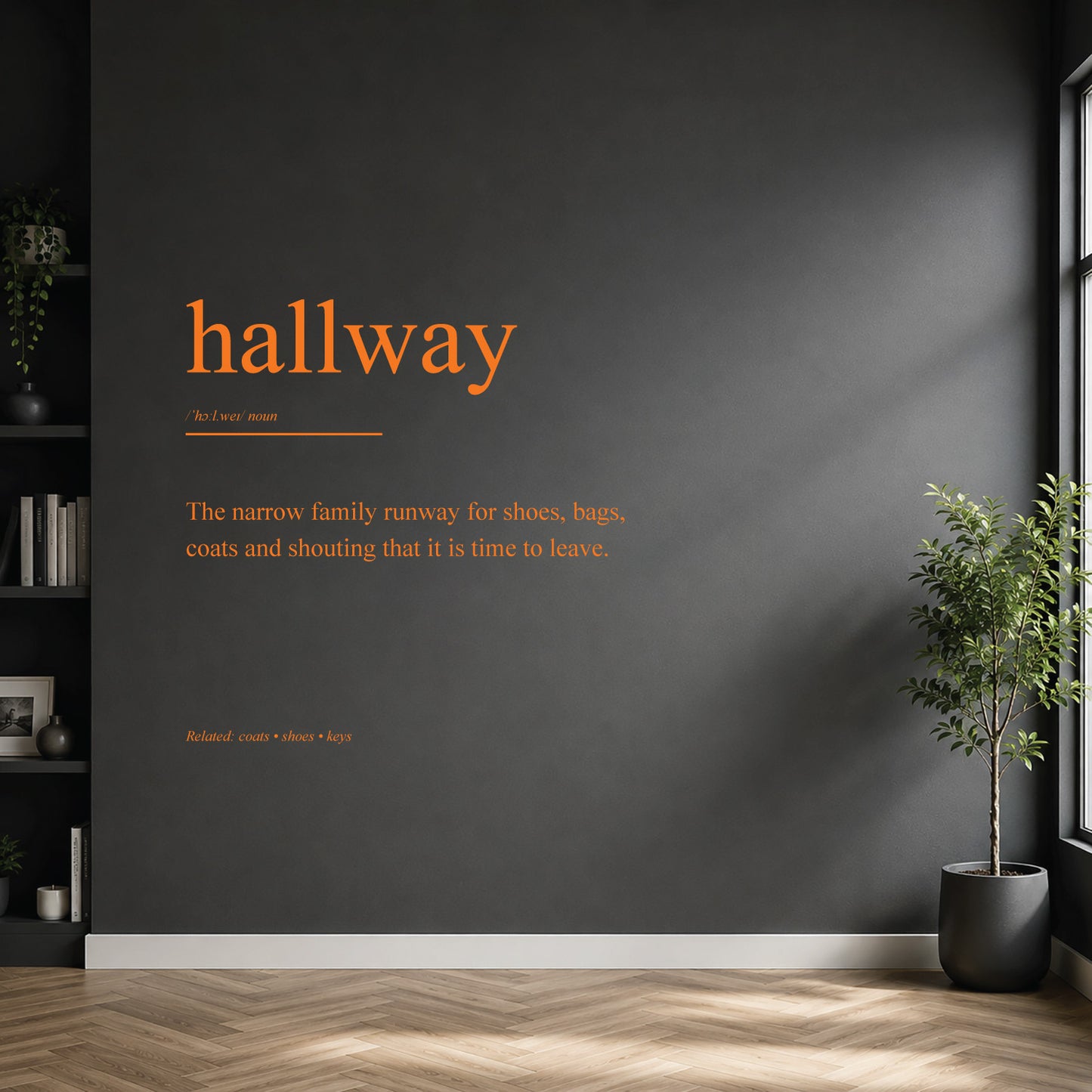 White hallway definition wall sticker on a dark modern wall.