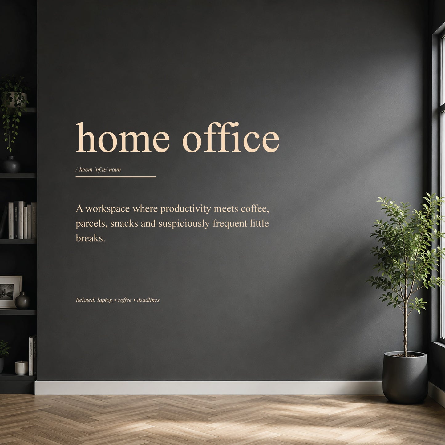 White home office definition wall sticker on a dark modern wall.