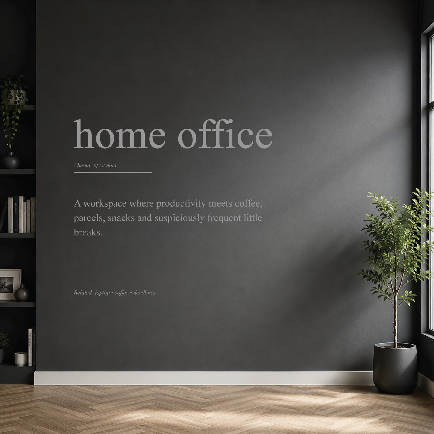 White home office definition wall sticker on a dark modern wall.