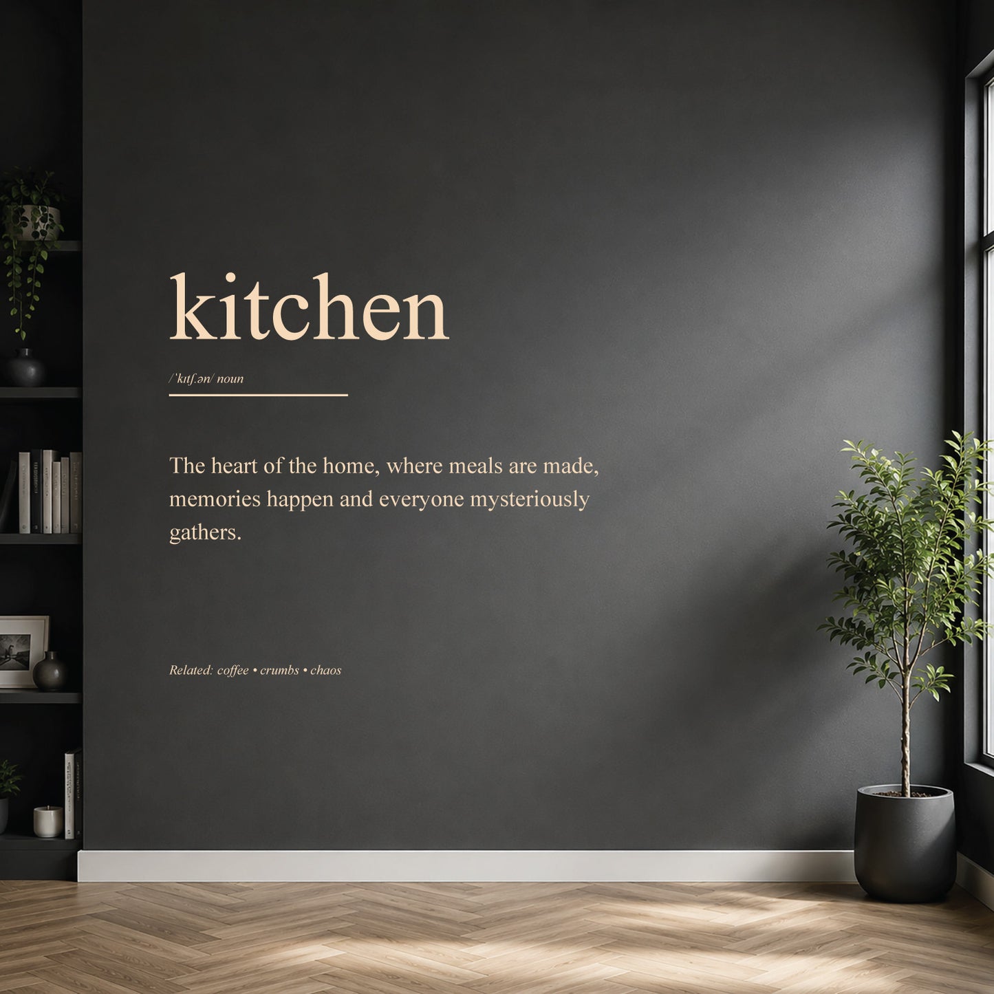 White kitchen definition wall sticker on a dark modern wall.