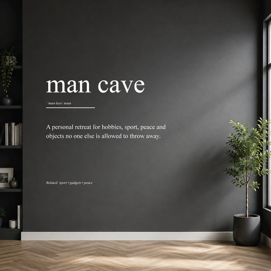 White man cave definition wall sticker on a dark modern wall.